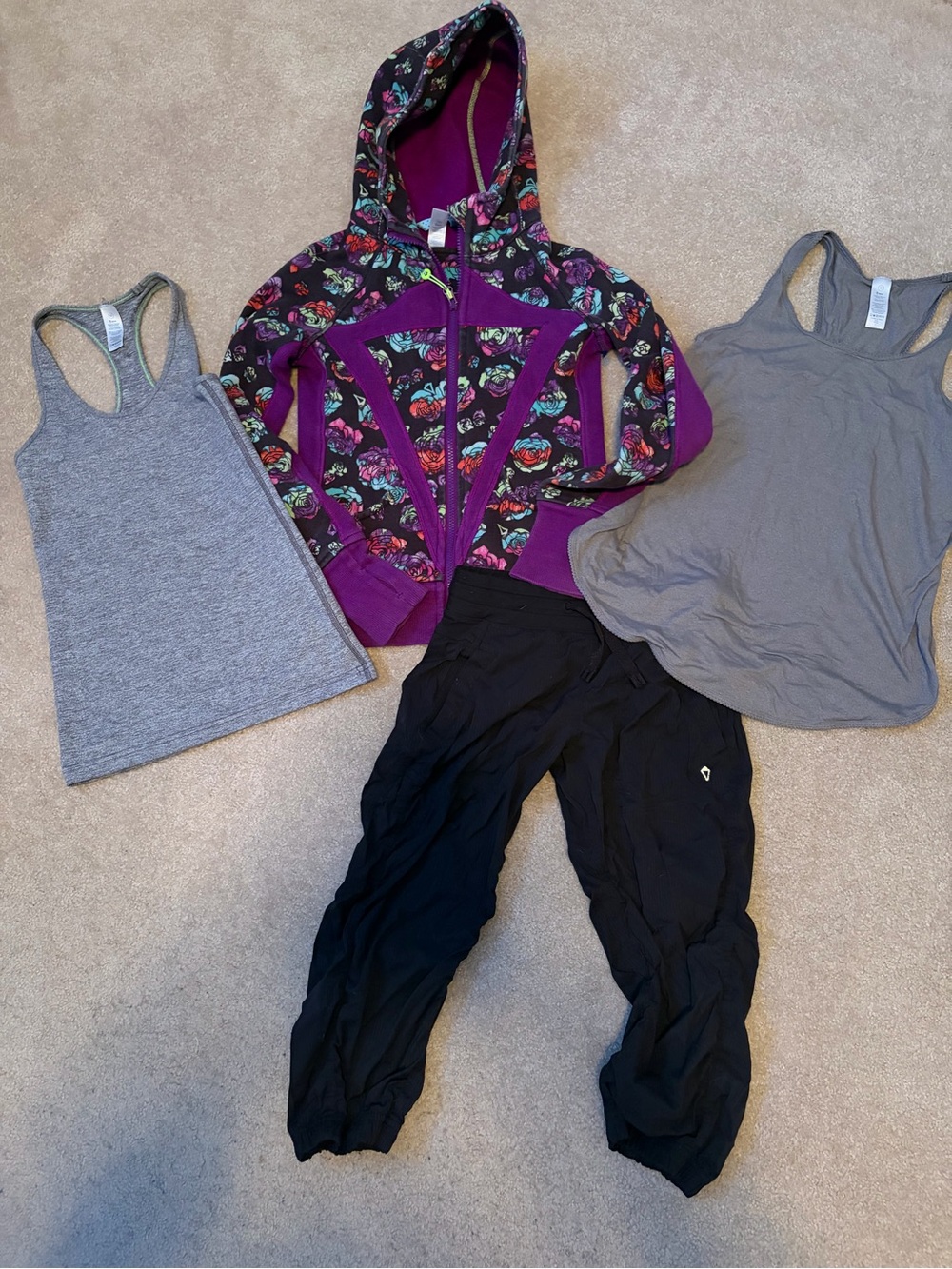 Ivivva Purple Floral Zip Hoodie with Gray Tanks and Black Pants